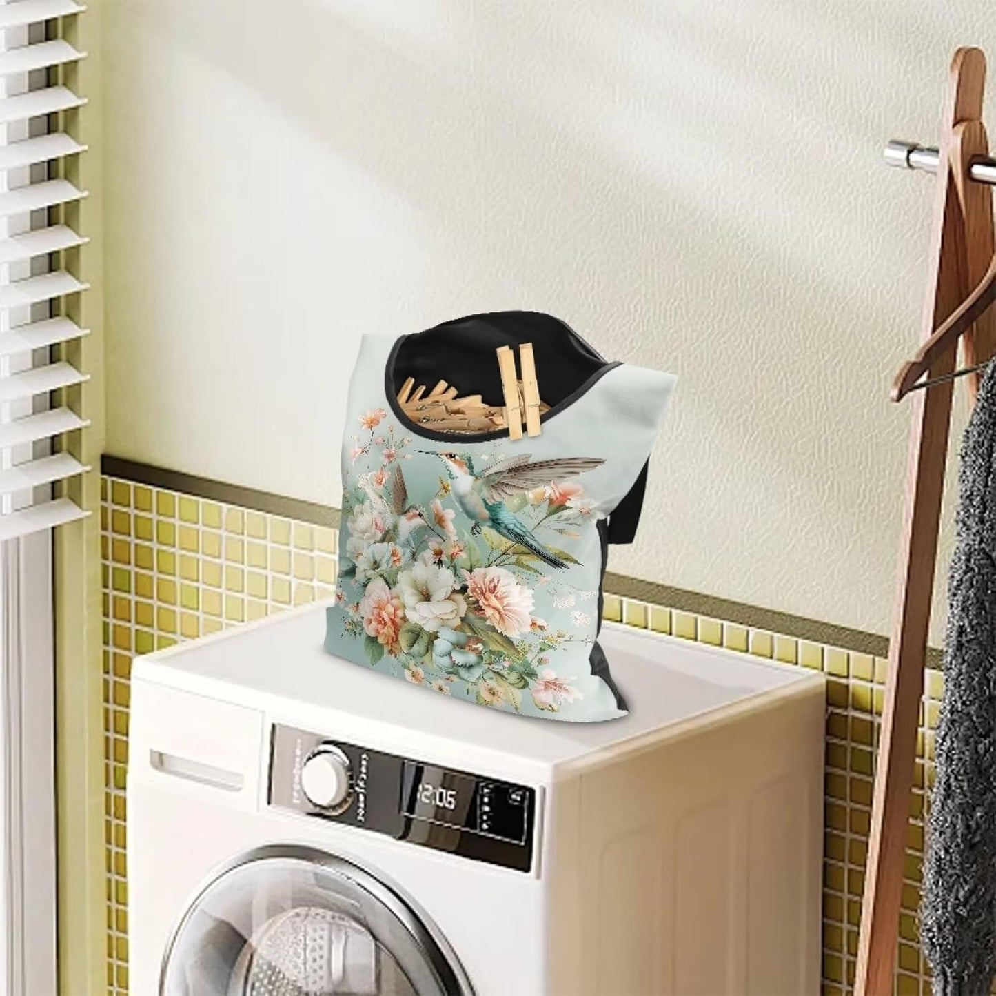 Hummingbird Floral Clothes Pin Bag to Hang On Line Reusable Clothespin Holder Laundry Room