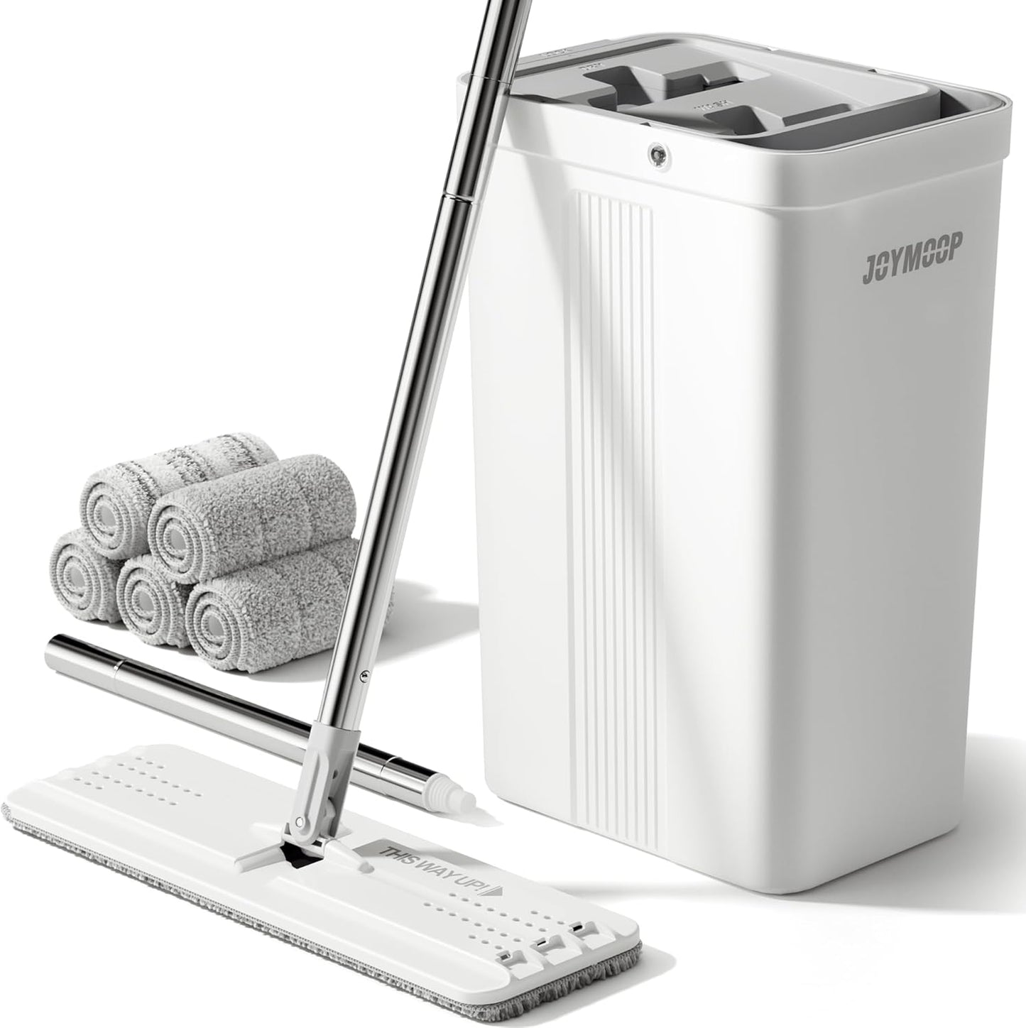 JOYMOOP Mop and Bucket with Wringer Set, White Flat Squeeze Mop Bucket Set for Floor Cleaning, Wet