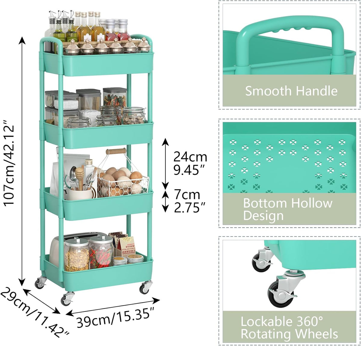 Sywhitta 4-Tier Plastic Rolling Utility Cart with Handle, Multi-Functional Storage Trolley for
