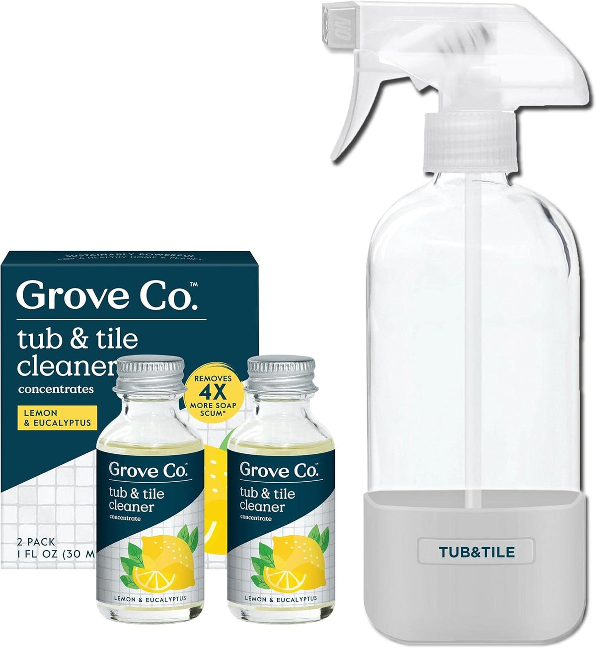 Grove Co. Tub and Tile Cleaner Refill Concentrate (2 x 1 Fl Oz) + 1 x Reusable Glass Spray Bottle