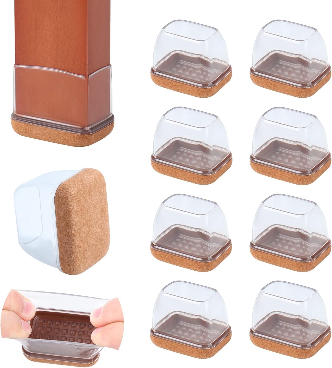 Ezprotekt 8 Pcs Rectangle Clear Silicone Chair Leg Floor Protectors, Rectangle Felt Furniture Pads