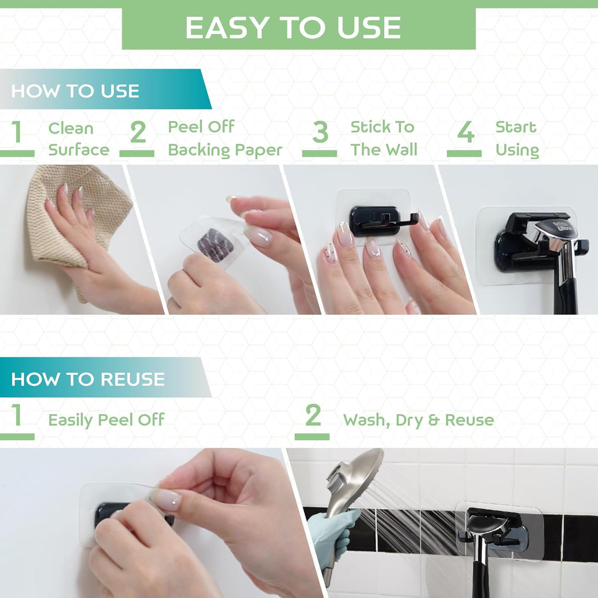 Hook LAB Self-Adhesive Shower Razor Holder, 2-Pack, Removable & Reusable Waterproof Hooks, for