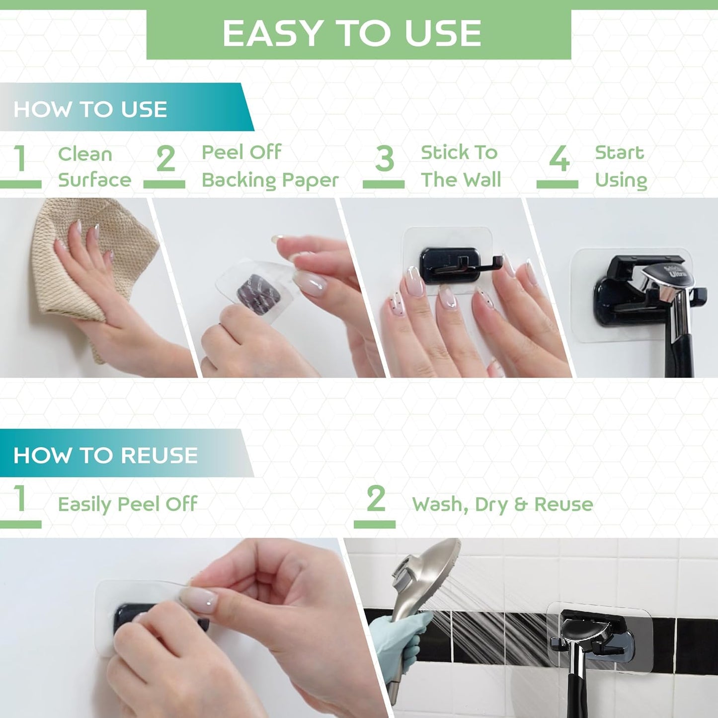 Hook LAB Self-Adhesive Shower Razor Holder, 2-Pack, Removable & Reusable Waterproof Hooks, for