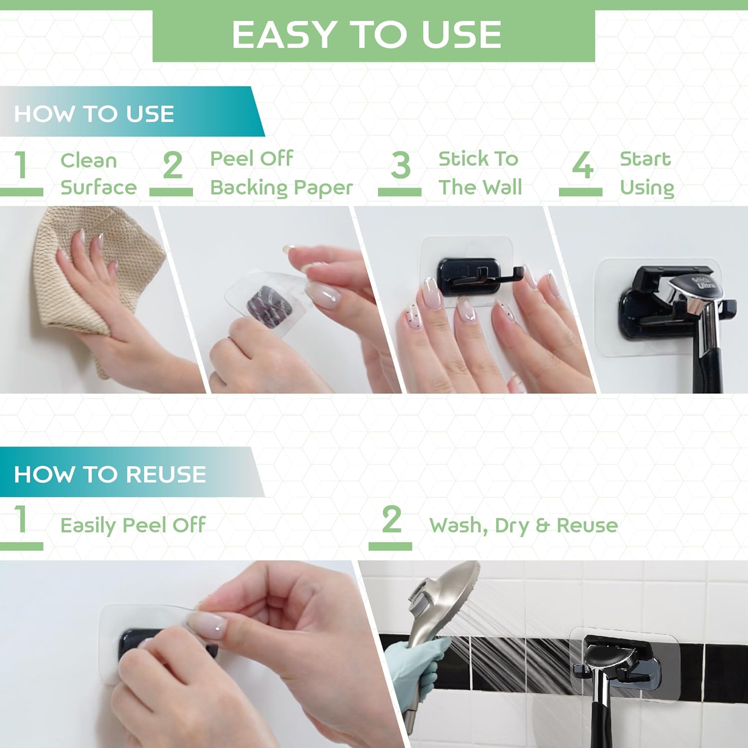 Hook LAB Self-Adhesive Shower Razor Holder, 2-Pack, Removable & Reusable Waterproof Hooks, for
