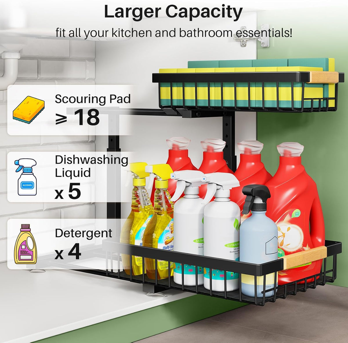 Under Sink Organizer, 2 Packs 2 Tier Under Sink Organizers and Storage, Slide out Pull out Cabinet