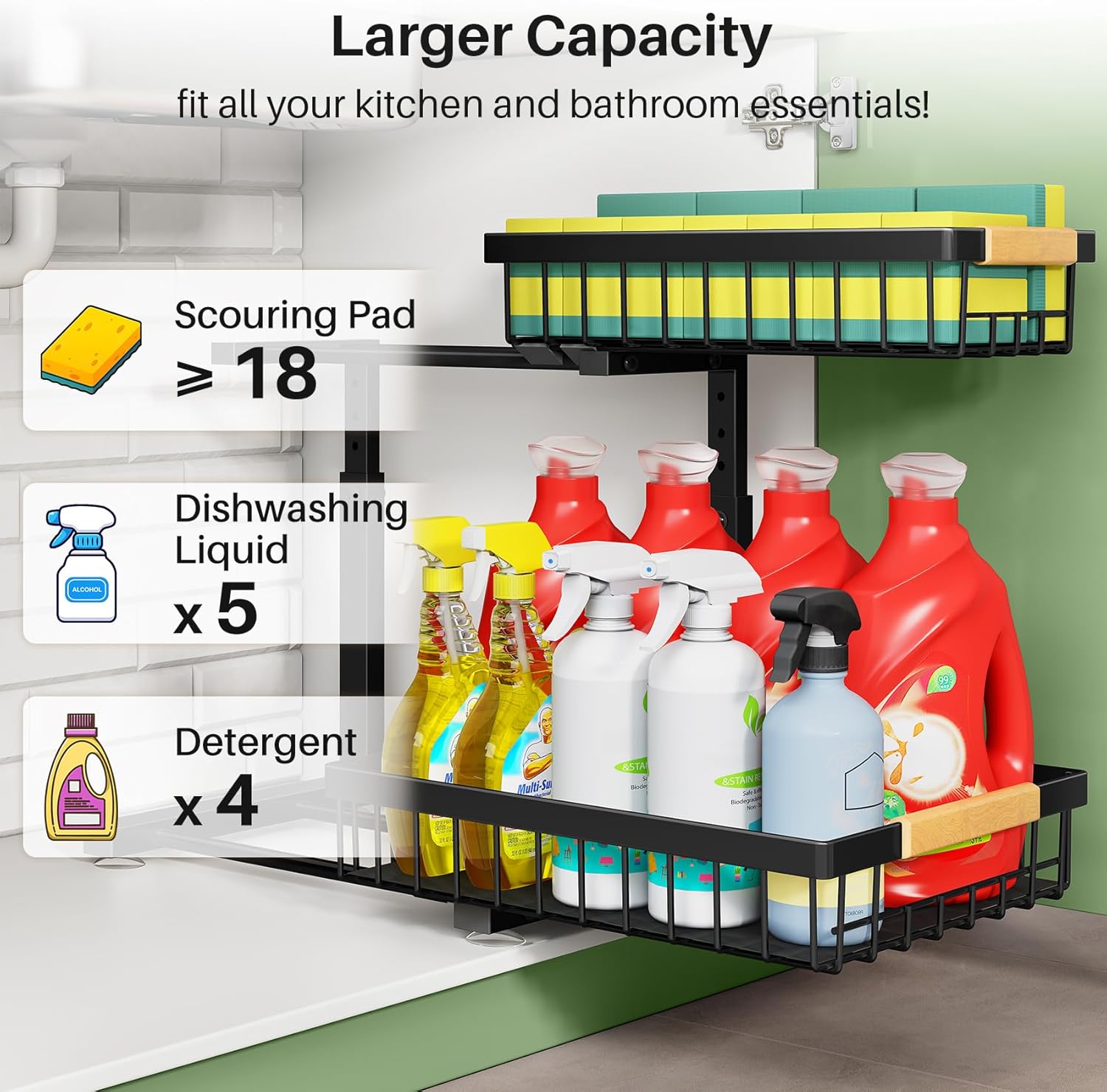 Under Sink Organizer, 2 Packs 2 Tier Under Sink Organizers and Storage, Slide out Pull out Cabinet