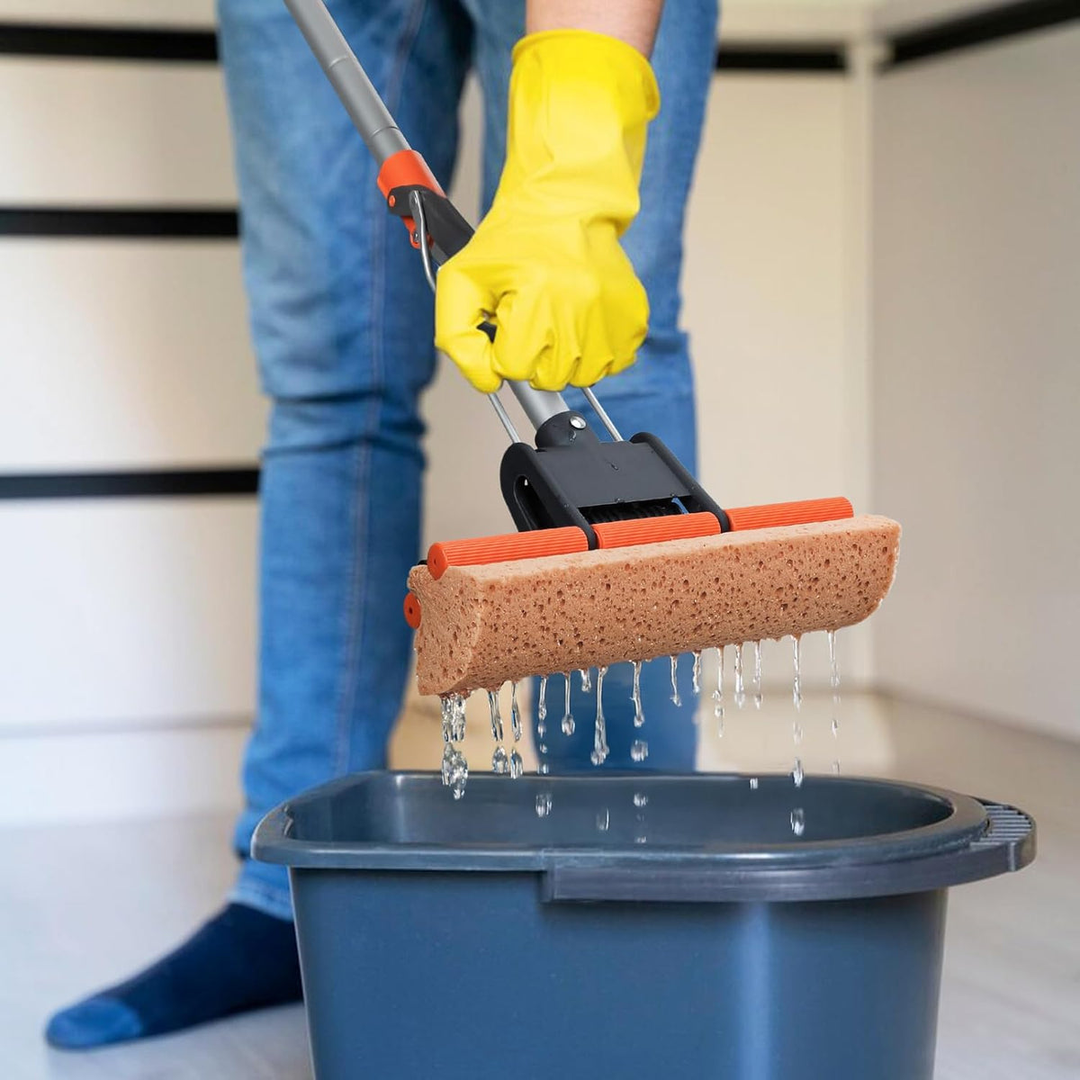 Sponge Mops for Floor Cleaning with 2 Cellulose Mop Head Refills and 55” Long Handle, Heavy Duty