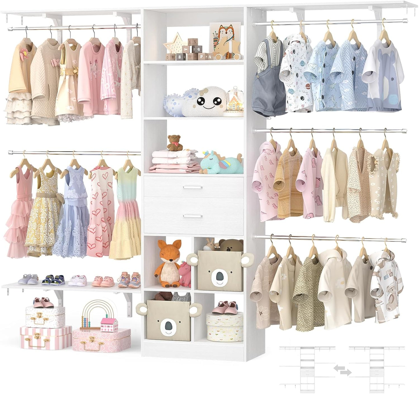 Closet System - 4.75-8FT Closet Organizer System with Wooden Drawers & Cube Storage Organizer, Up