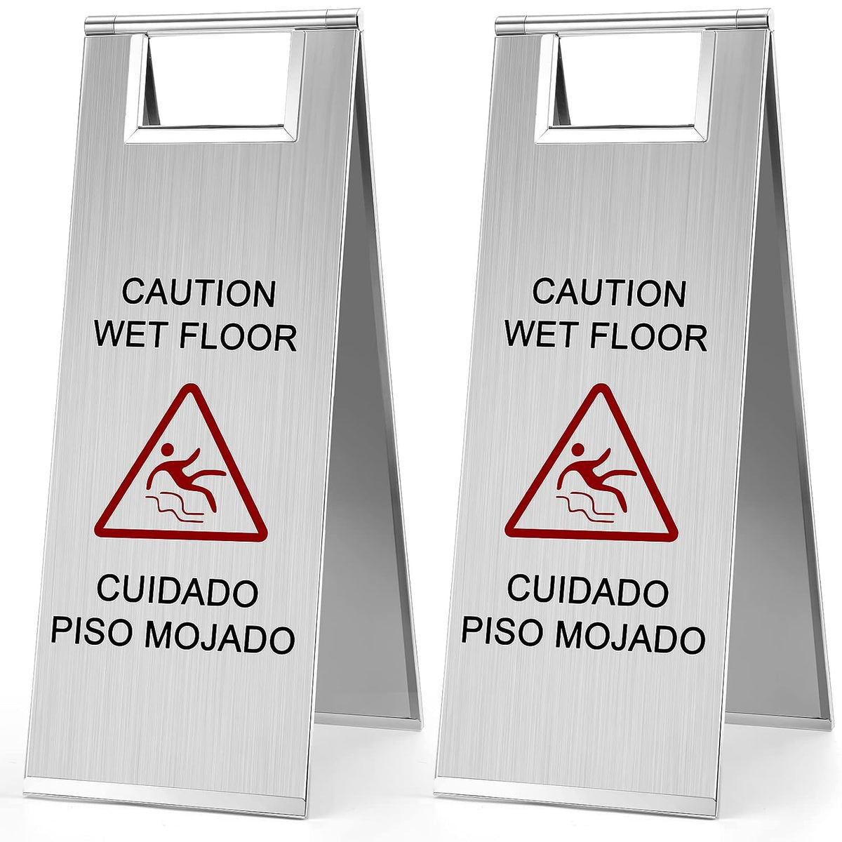 Kigley 2 Pcs Wet Floor Sign, 24 Inch Stainless Steel Caution Wet Floor Sign Double Sided Portable