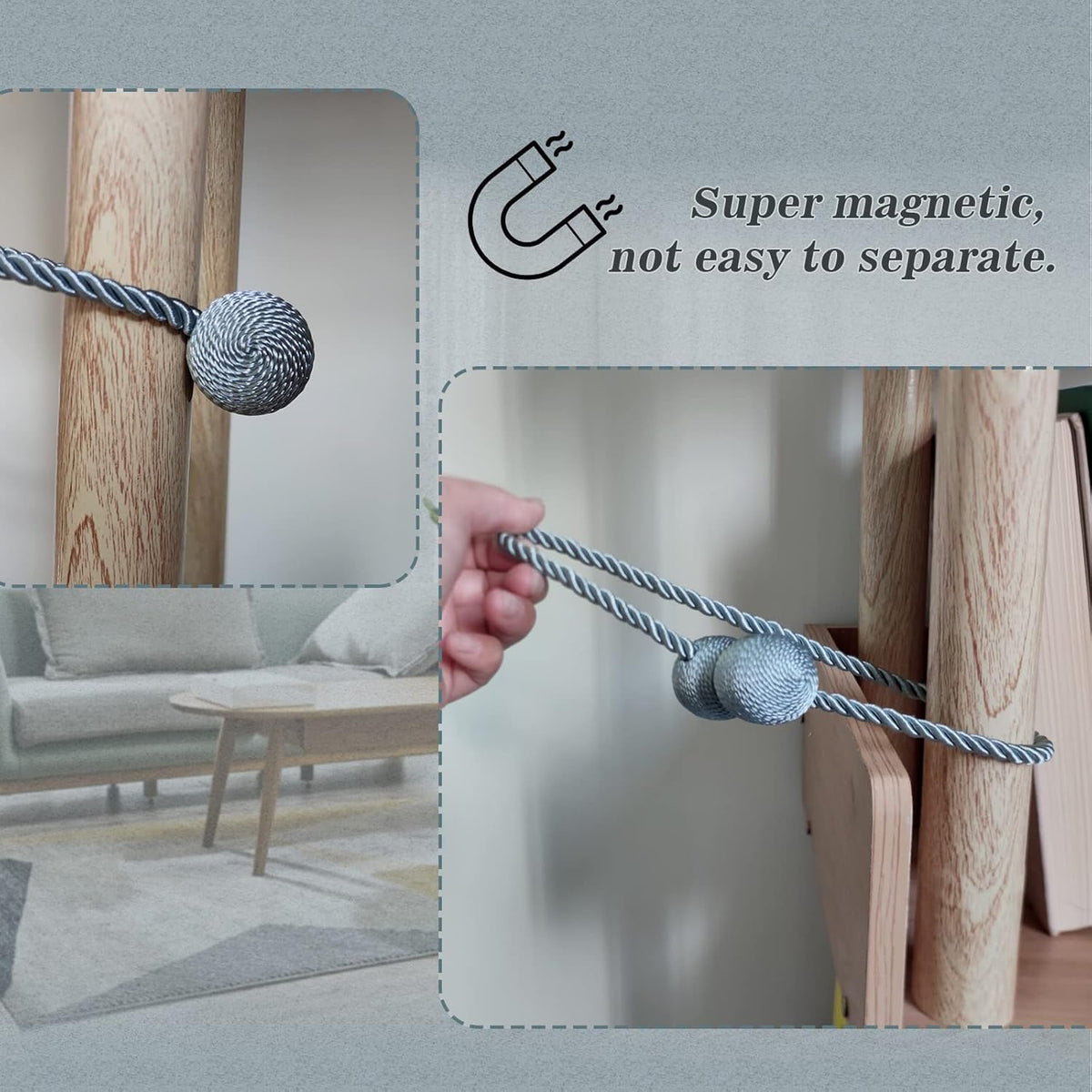 Hion Magnetic Curtain Tiebacks Gray Blue 4 Pack, Curtain Tiebacks Buckles Holdbacks Holders Hooks
