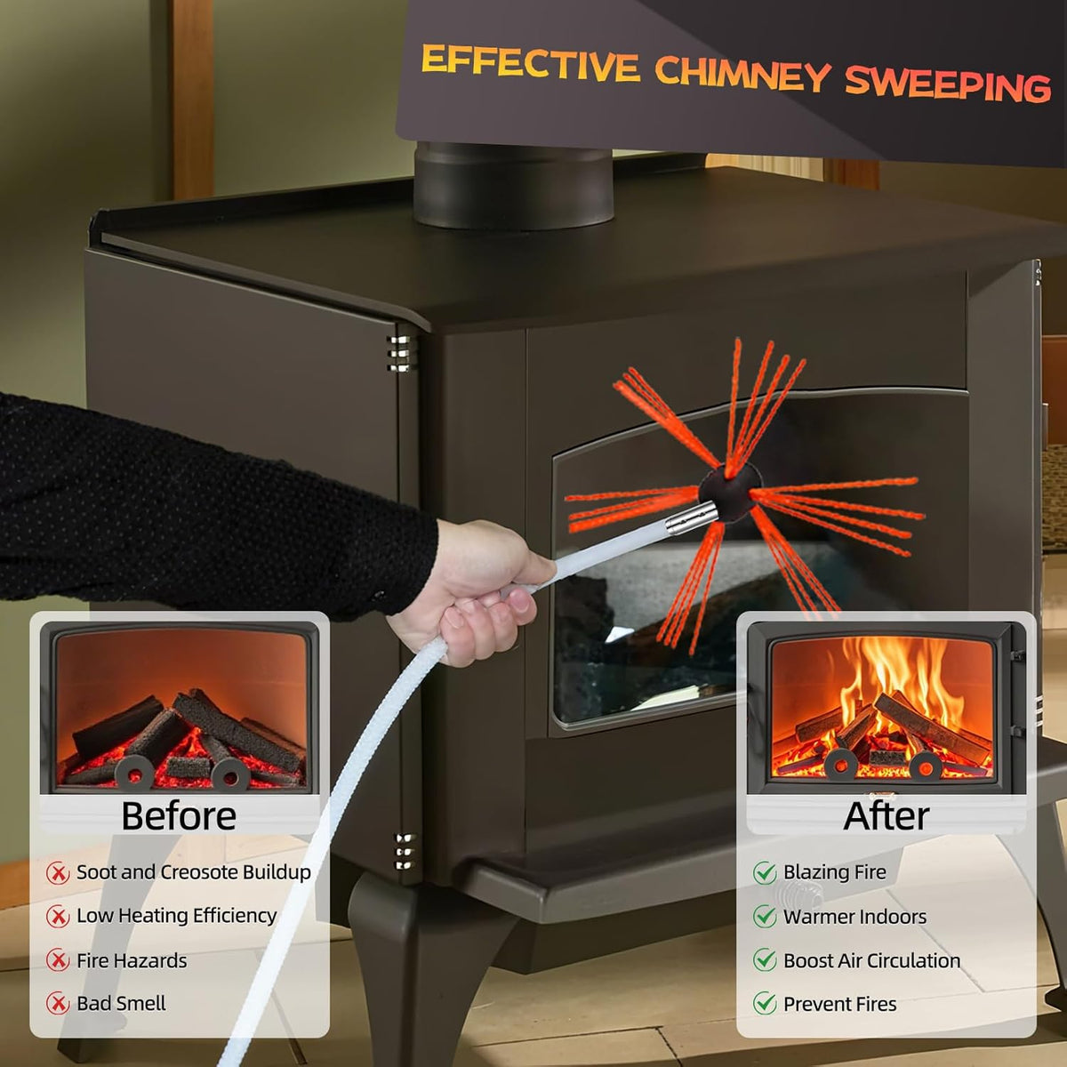 26 Feet Chimney Sweep Kit, Chimney Cleaning Kit with 8 Flexible White Chimney Rods, Chimney Brush