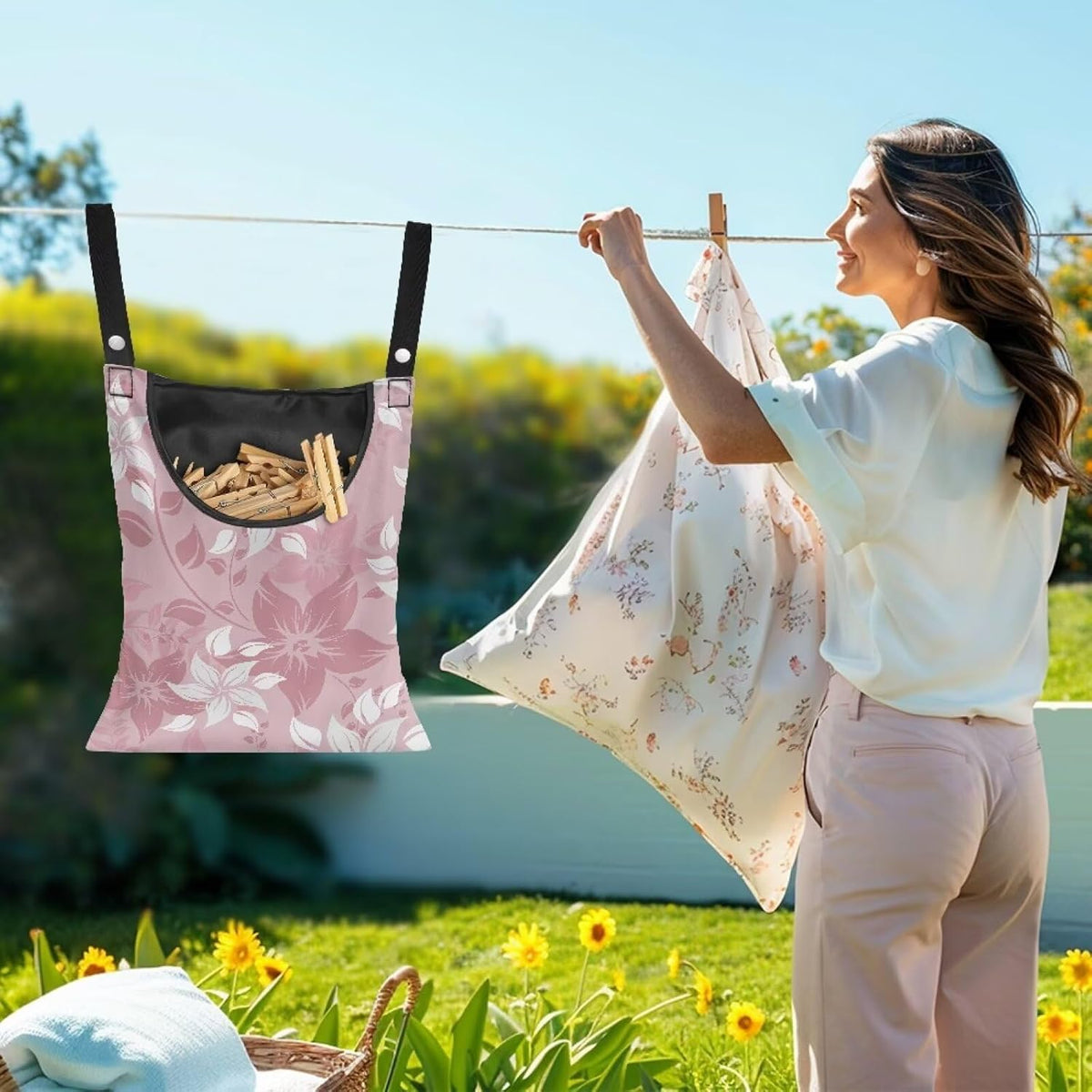 Reinforced Outdoor Clothespin Storage - Minimalist Pink Flower Print Windproof Hanging Bag with