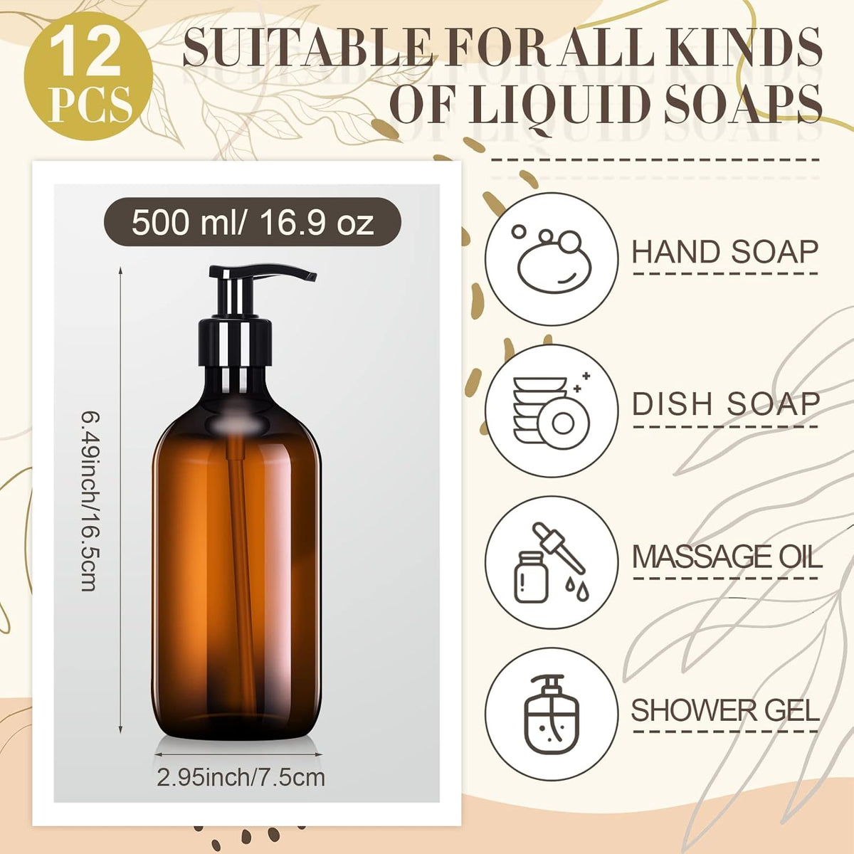 Tessco for you 12 Pack Amber Soap Dispenser Empty Plastic Pump Bottles Dispenser Refillable Shampoo