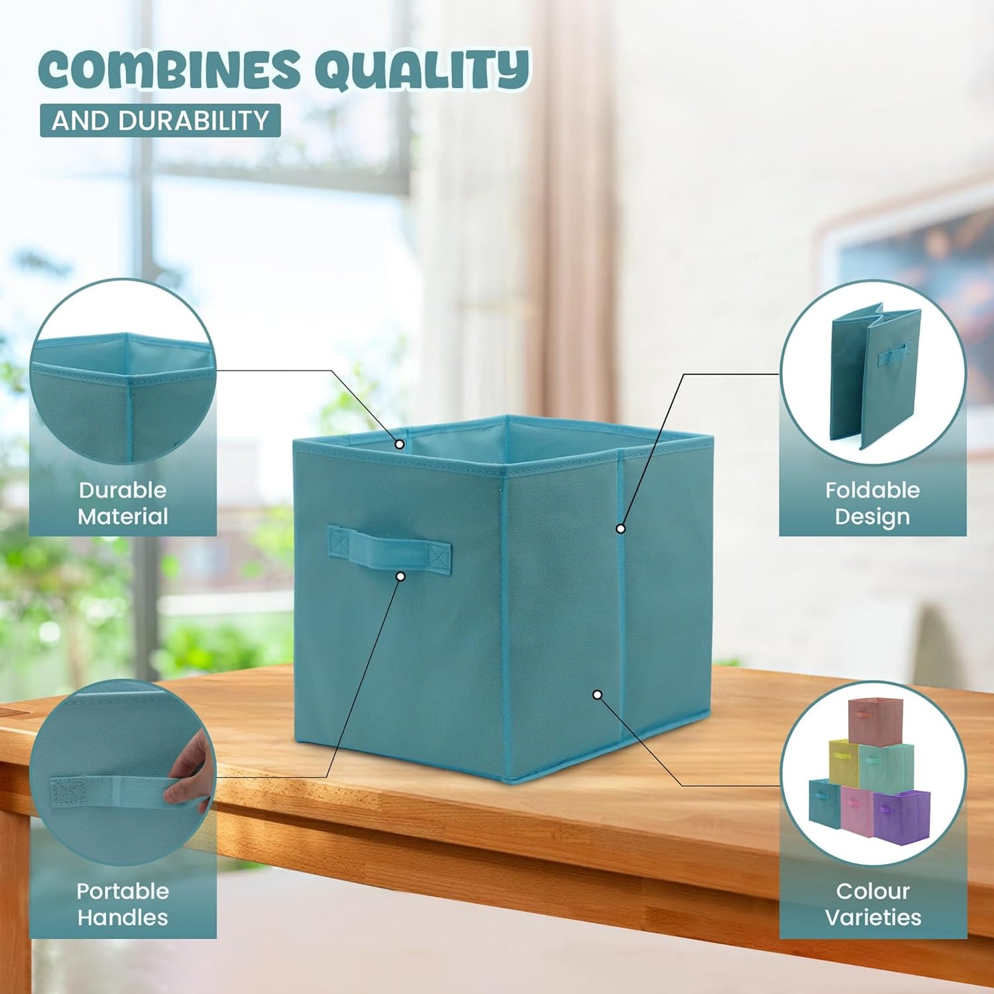 4E's Novelty 6 Pack 11 Inch Pastel Color Storage Foldable Cube Bins, Colorful Storage Baskets For