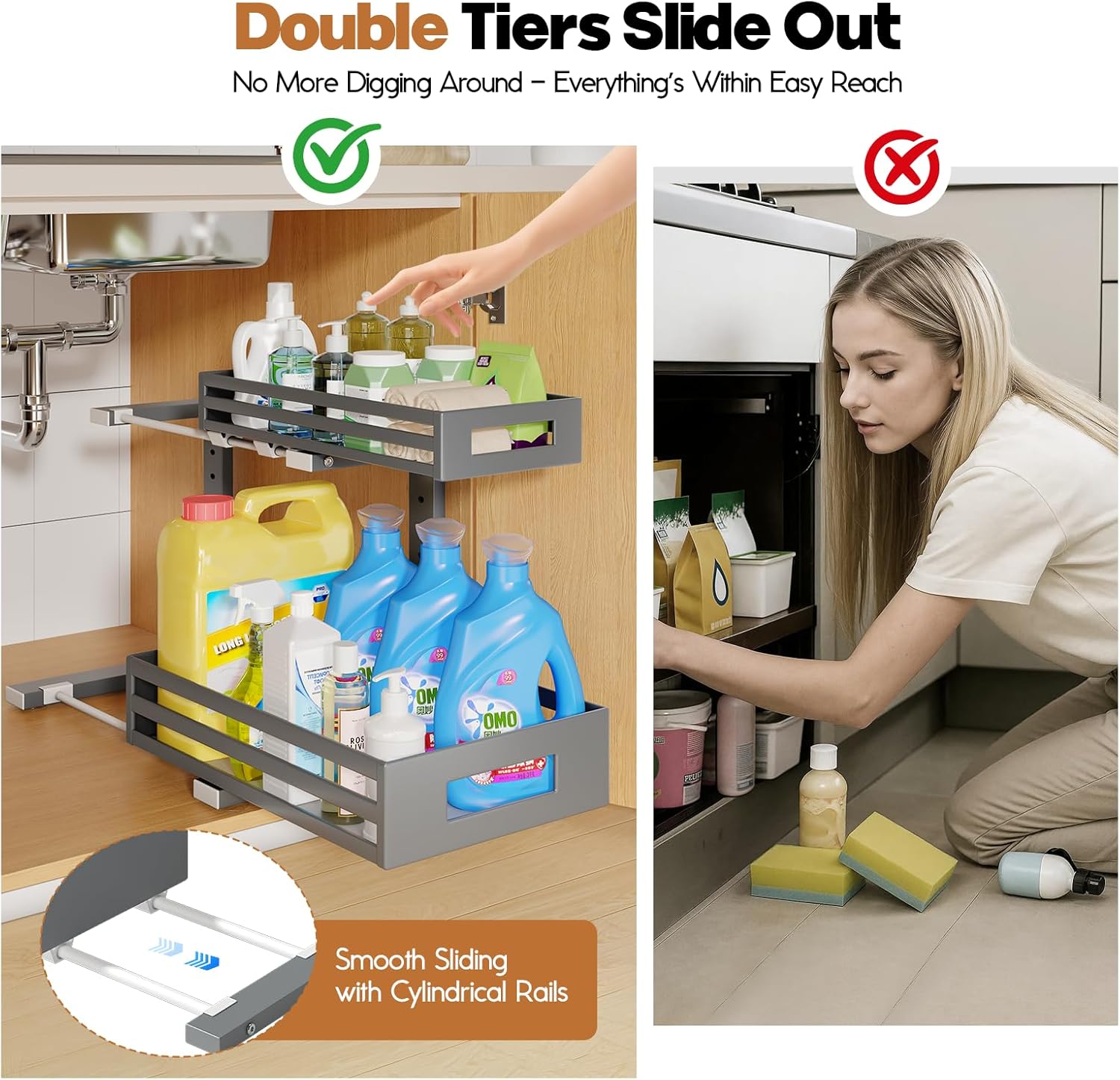 1-Pack Under Sink Organizers and Storage,2-Tier L Shape Pull Out Cabinet Organizer With Round Tube