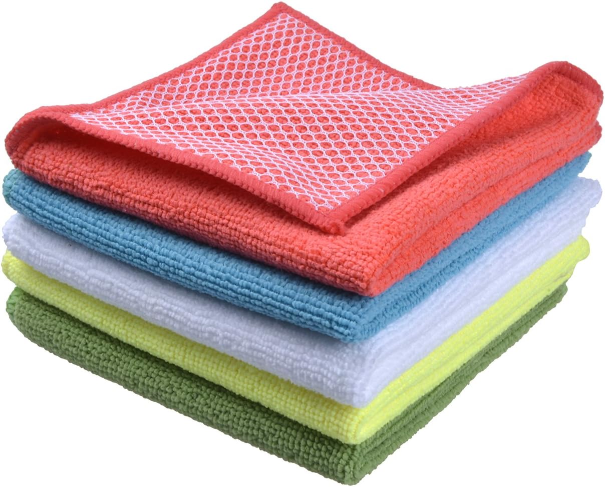 SINLAND 5 Color Assorted Microfiber Dish Cloth Towels Best Kitchen Cloths Cleaning Cloths with Poly