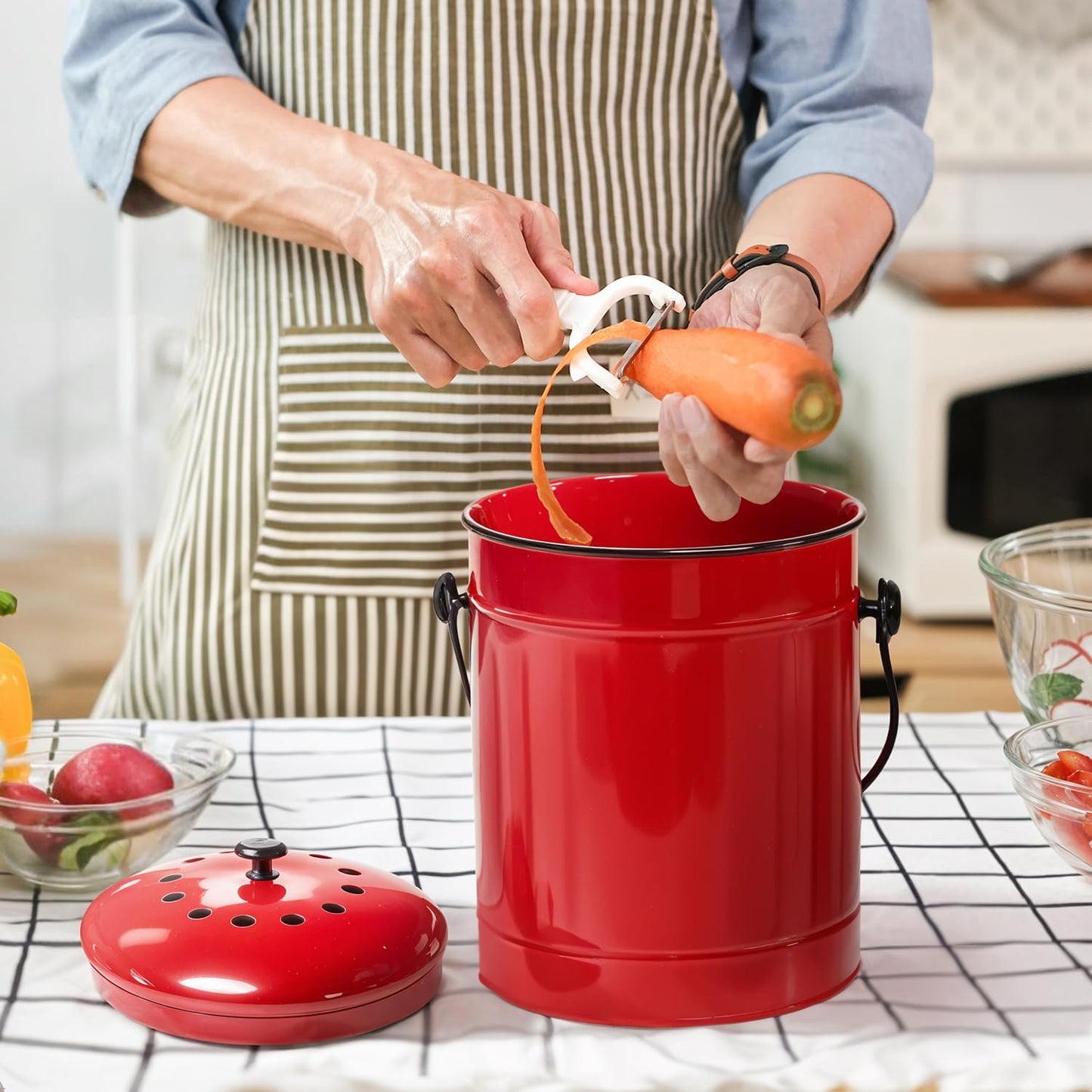 Plexon Countertop Compost Bin Kitchen with Lid, Red 1.5 Gallon Odorless Compost Container, Steel