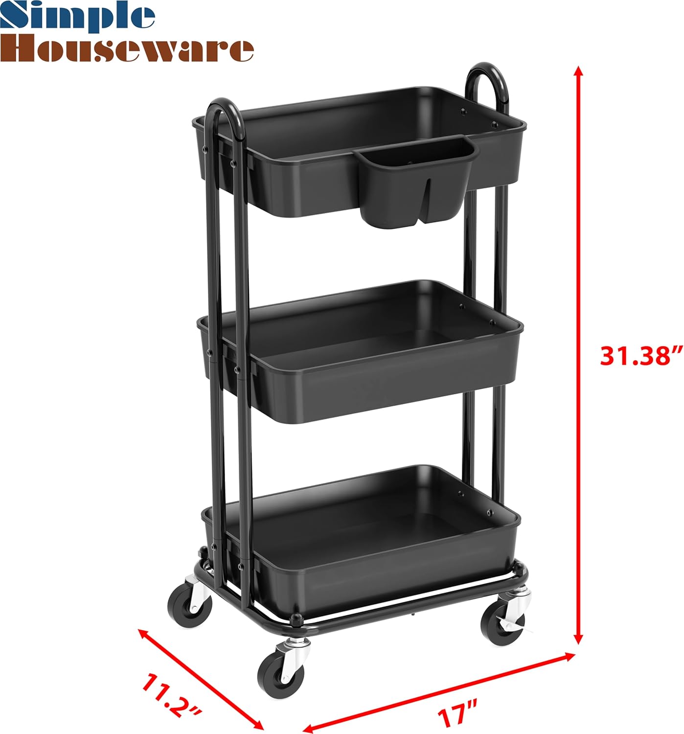 Simple Houseware 3-Tier Multifunctional Rolling Utility Cart with Hanging Bucket, Black