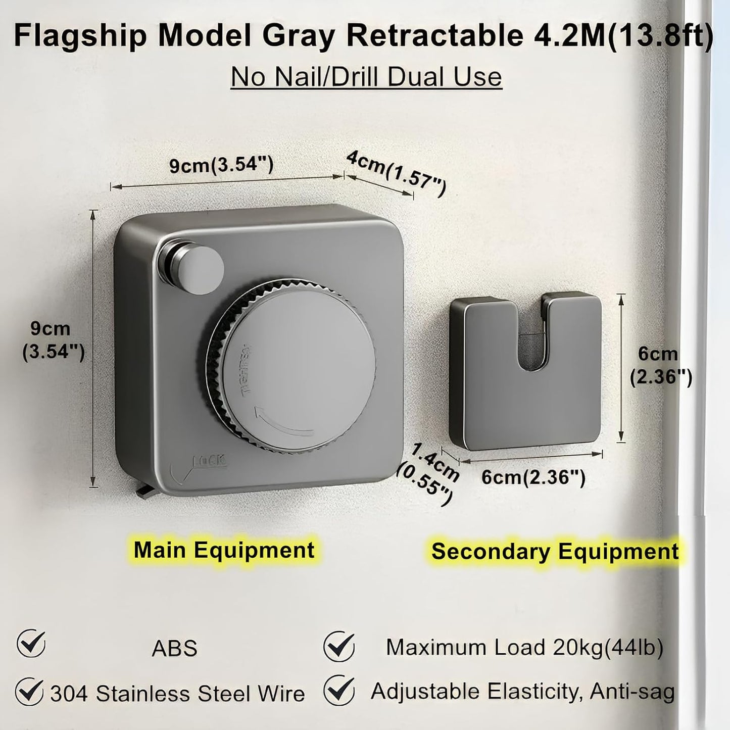 13.8ft(4.2M) Retractable Clothesline, Non-sag Clothesline, Indoor & Outdoor Heavy Duty Retractable