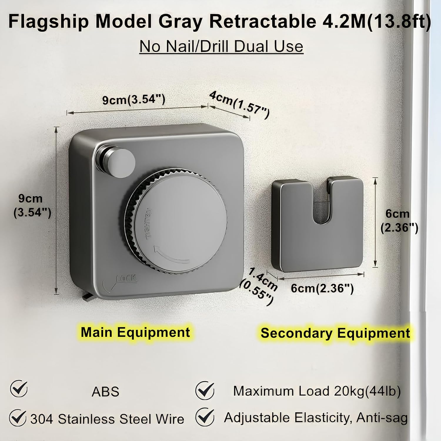 13.8ft(4.2M) Retractable Clothesline, Non-sag Clothesline, Indoor & Outdoor Heavy Duty Retractable