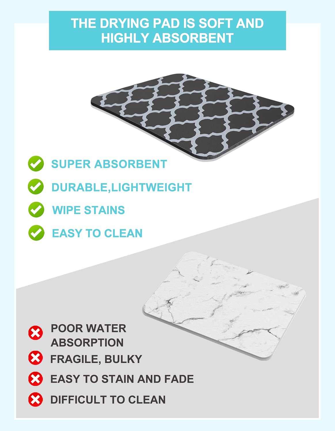 Dish Drying Mat for Kitchen Counter, 16"x24" Dish Drying Pad with Non-slip Rubber Backed, Hide