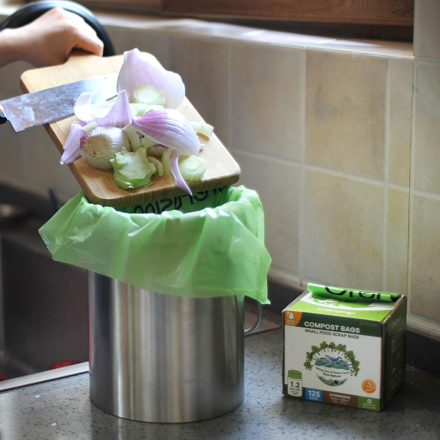 GreFusion Compostable Bags for Kitchen Compost Bin, 1.2 Gallon, 125 Count, Certified by BPI and