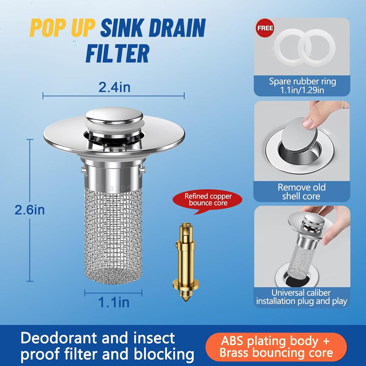 2PC Bathroom Sink Stopper Hair Catcher, Pop Up Sink Drain Filter with Removable Stainless Steel