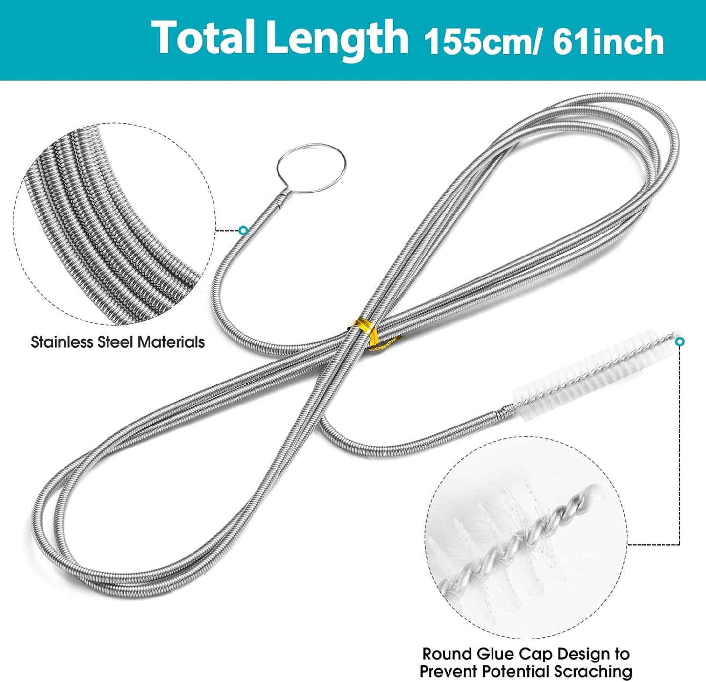 Extra-Thick Drain Brush with Stronger Spring 61-Inch Stainless Steel and Nylon Pipe Cleaner for