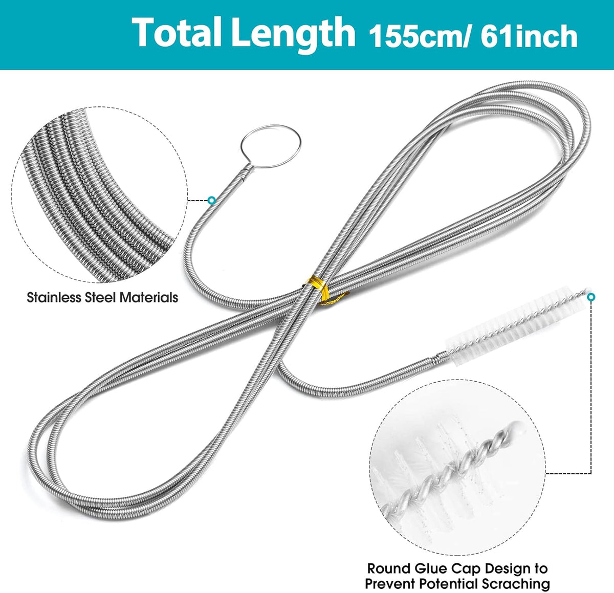Extra-Thick Drain Brush with Stronger Spring 61-Inch Stainless Steel and Nylon Pipe Cleaner for