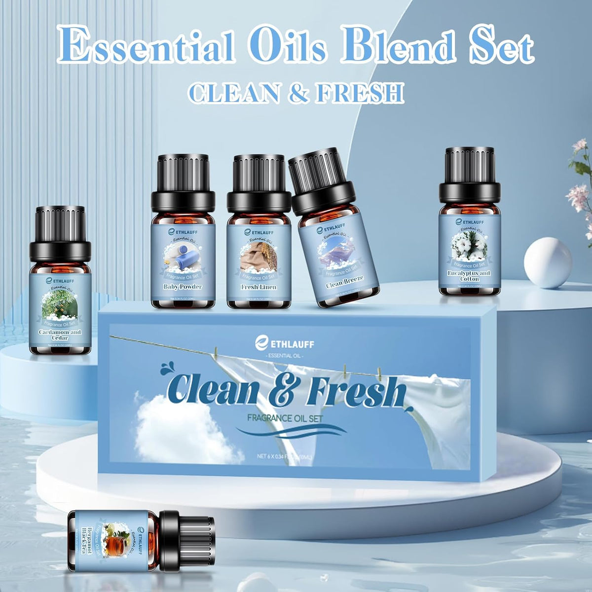 Clean Essential Oils Set, Laundry Collection Essential Oils Set, Pack of 6 Fragrance Oil for