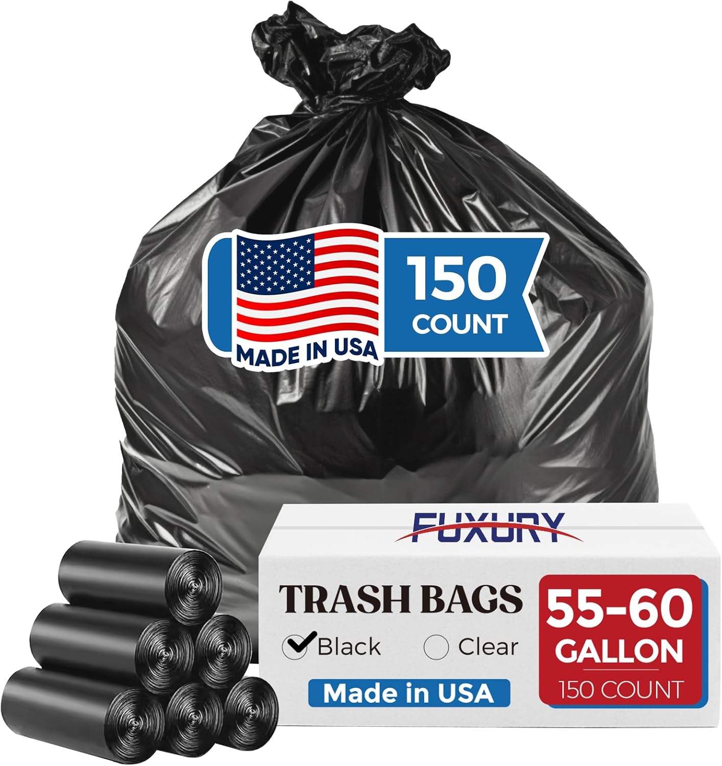 Fuxury 55-60 Gallon Trash Bags Heavy Duty, 150 Count Garbage Bags, 38 x 58" Extra Large Black Trash