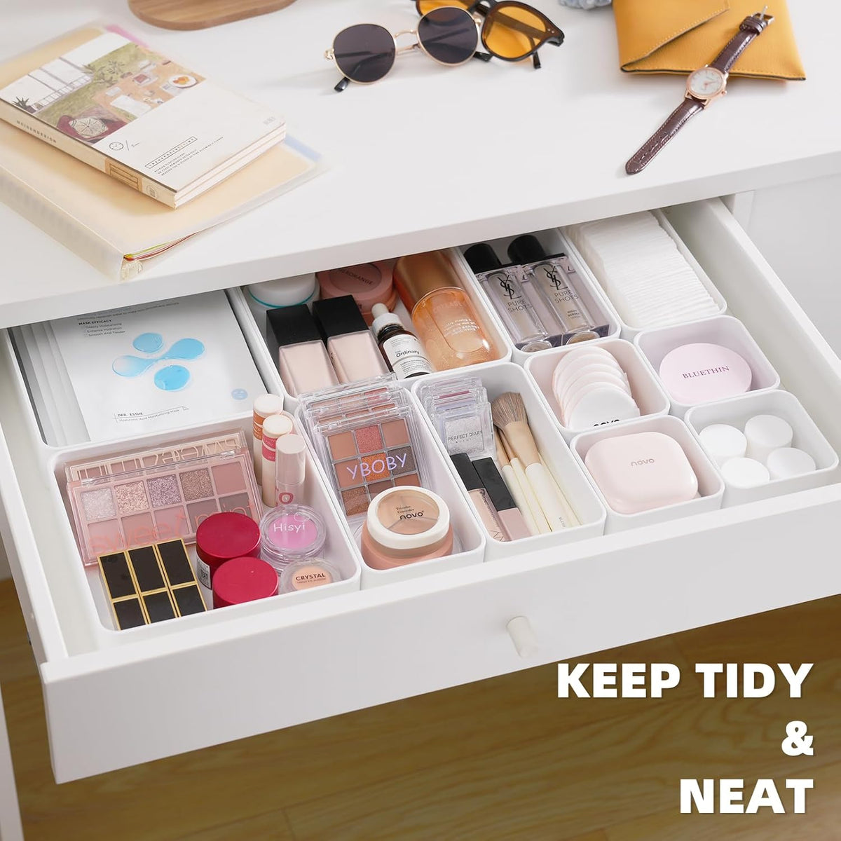 11-Piece Stackable Drawer Organizer Set, Multi-size Desk Drawer Organizer Trays Vanity Storage Bins