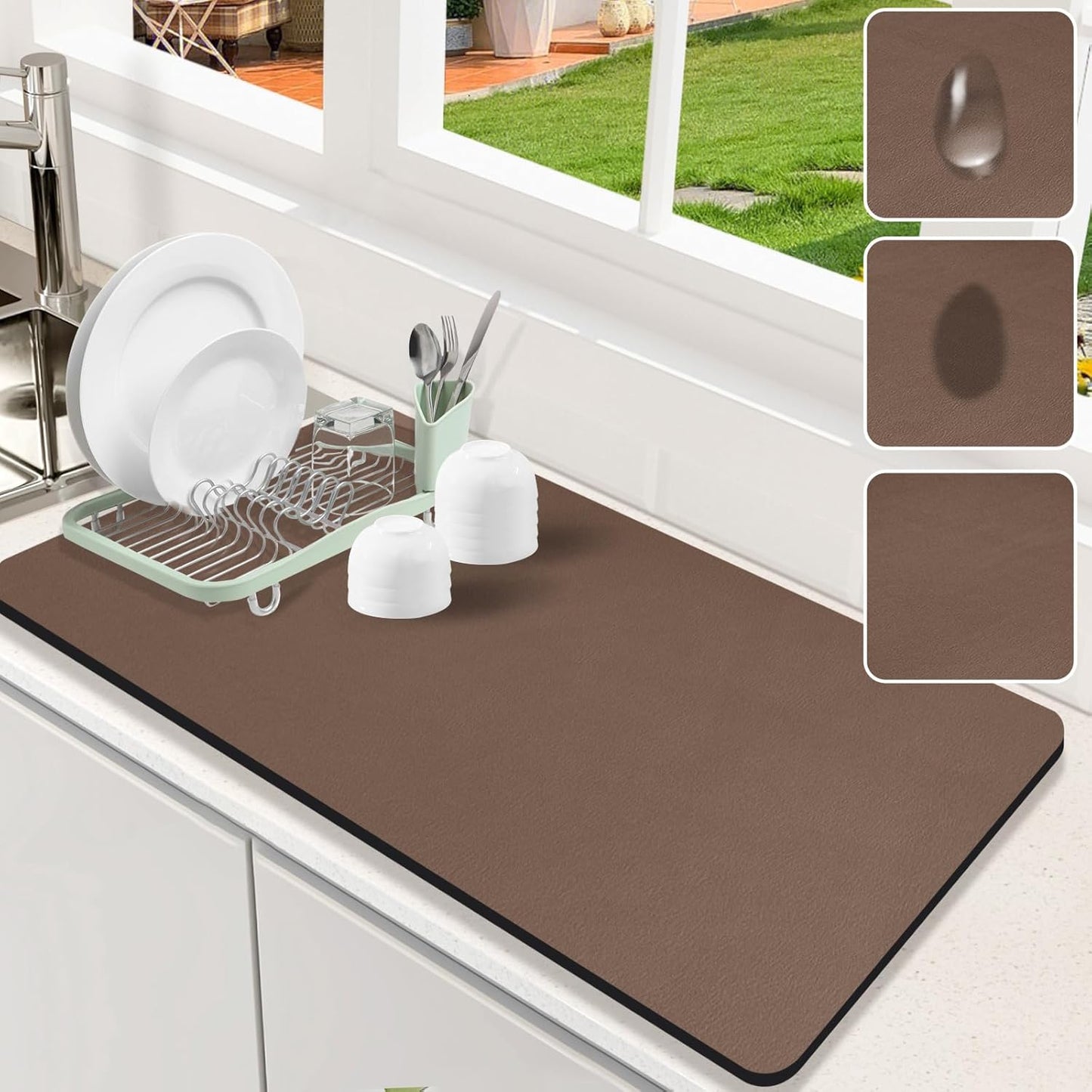 Dish Drying Mat for Kitchen Counter, 17" x 31.5"Dish Drying Pad with Non-slip Rubber Backed, Hide