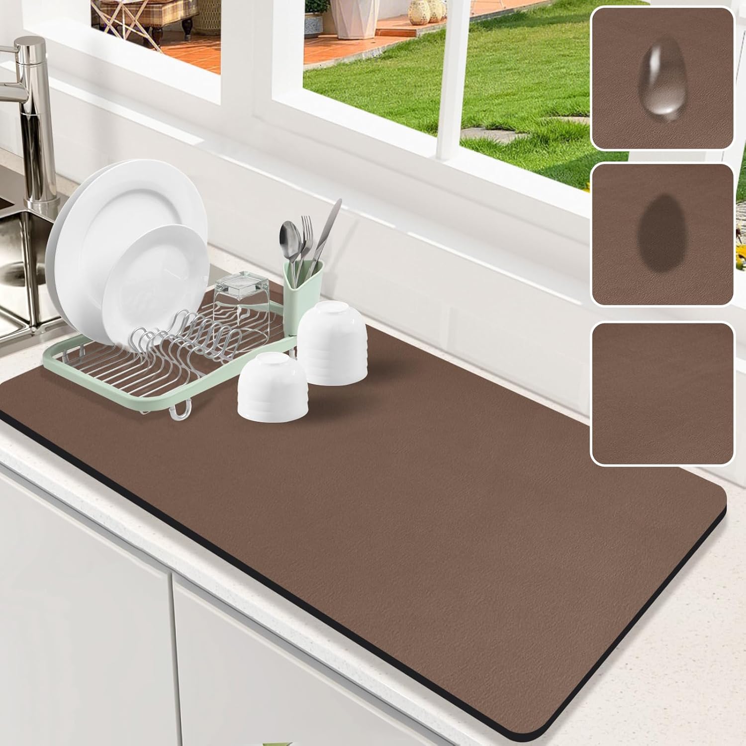 Dish Drying Mat for Kitchen Counter, 17" x 31.5"Dish Drying Pad with Non-slip Rubber Backed, Hide