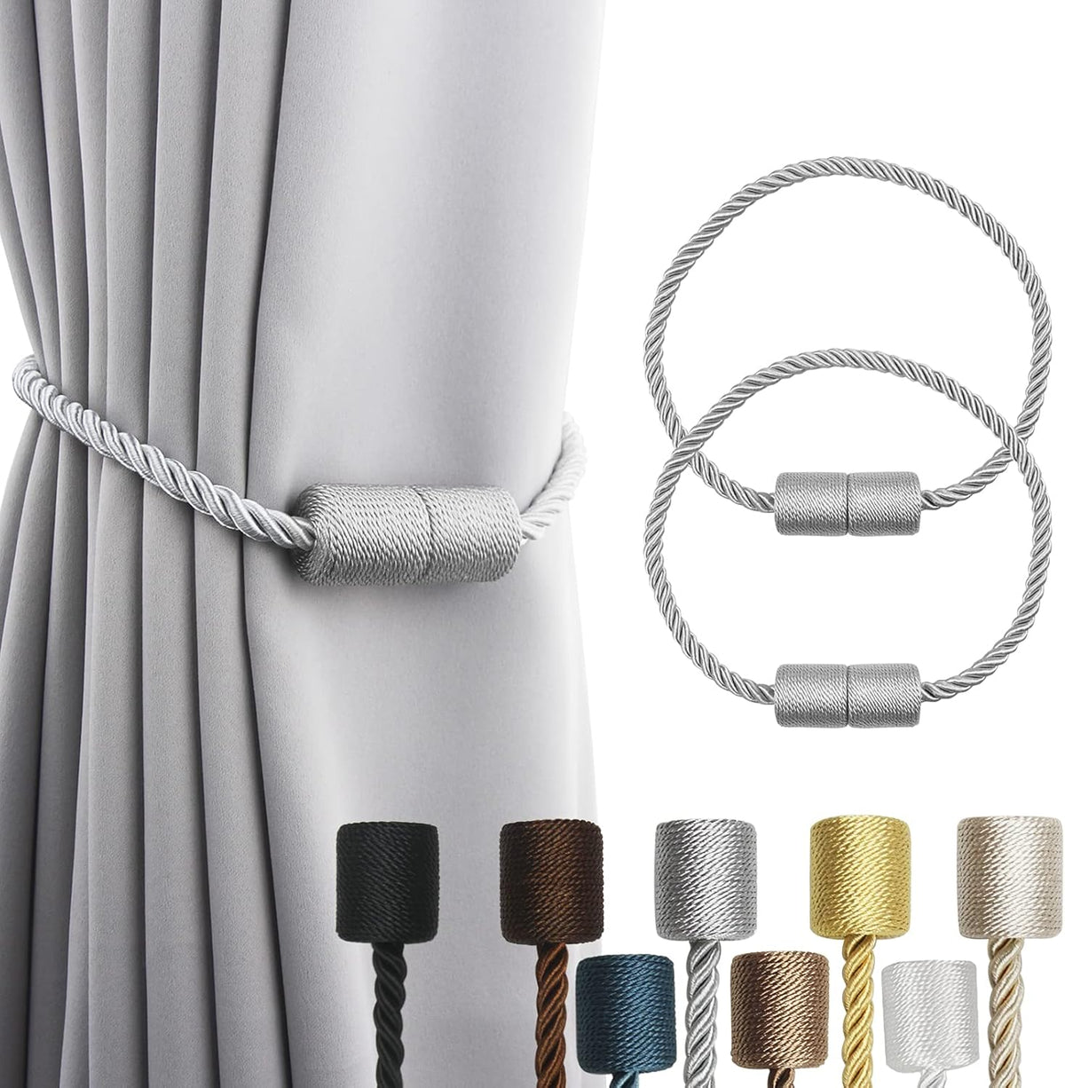 2 Pack Grey Strong Magnetic Curtain Tiebacks Outdoor Elegant Decorative Tie Backs Modern Rope