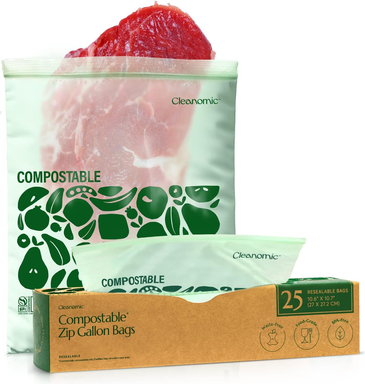 Cleanomic Compostable* Gallon Size Food Storage Bags (25 Eco Zip) Freezer and Leak Proof, Also
