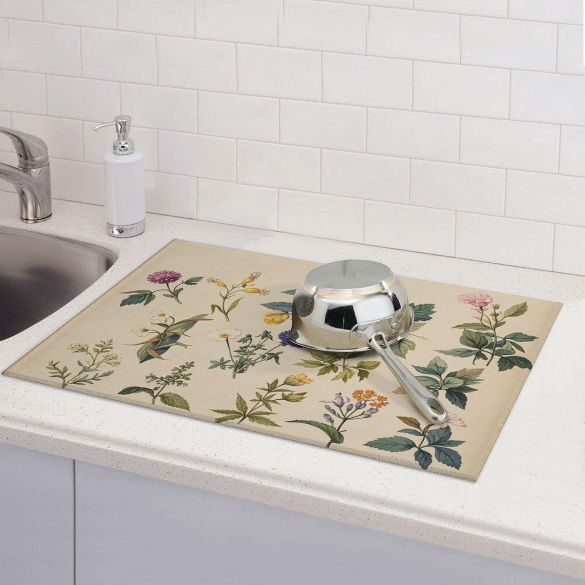 Vintage Plants Herbs Floral Dish Drying Mat Highly Absorbent Double-Sided Microfiber with Hanging