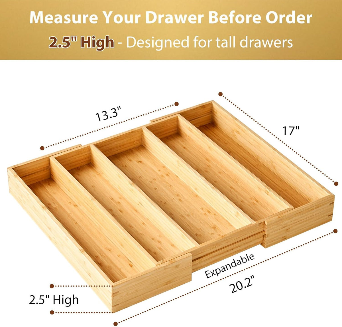 Umilife Expandable Kitchen Drawer Organizer, 2.5" High Bamboo Utensils Silverware Tray, Adjustable