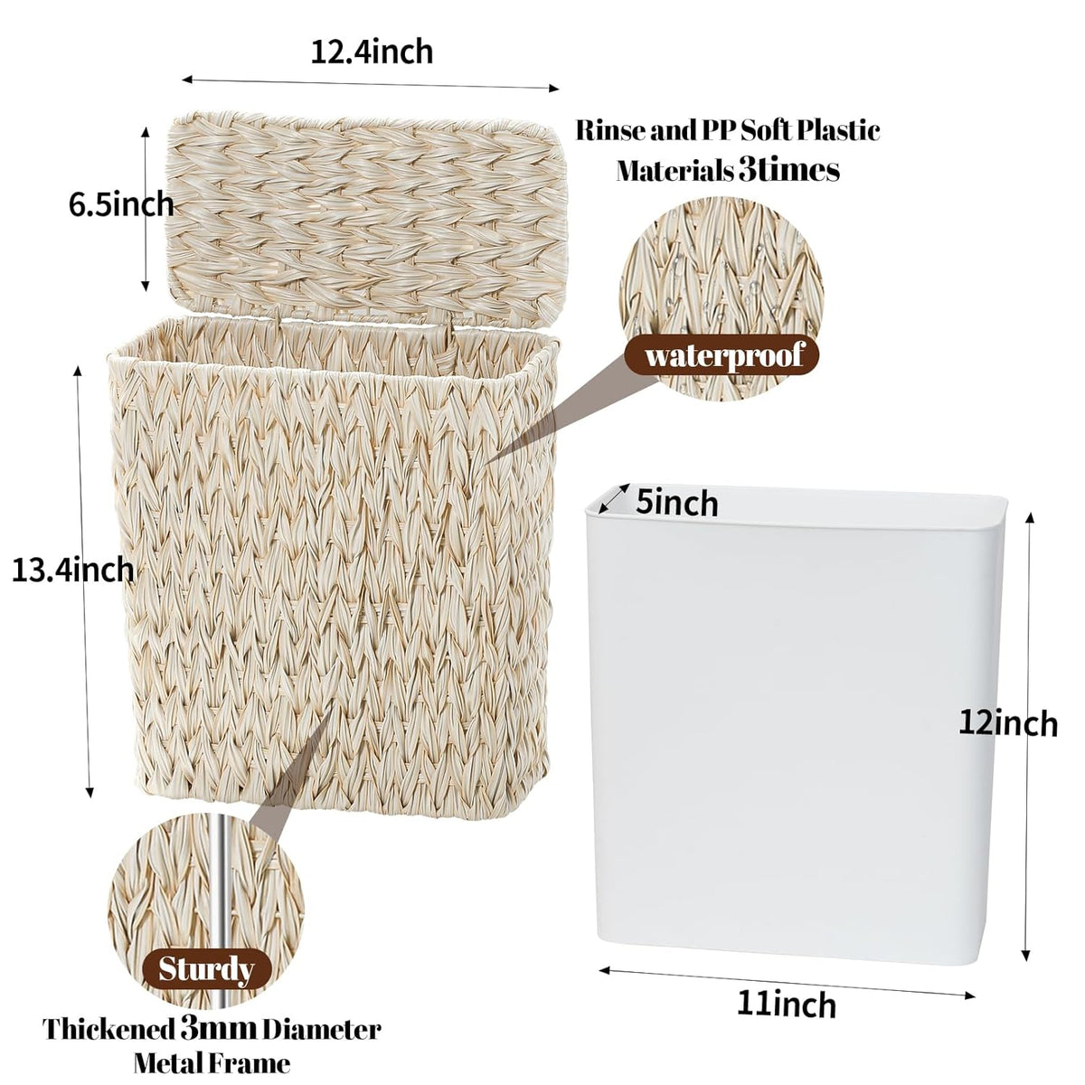 Wicker Trash Can with Lid and Liner,Boho Decotative Small Bathroom Trash Cans,Waterproof Slim Waste