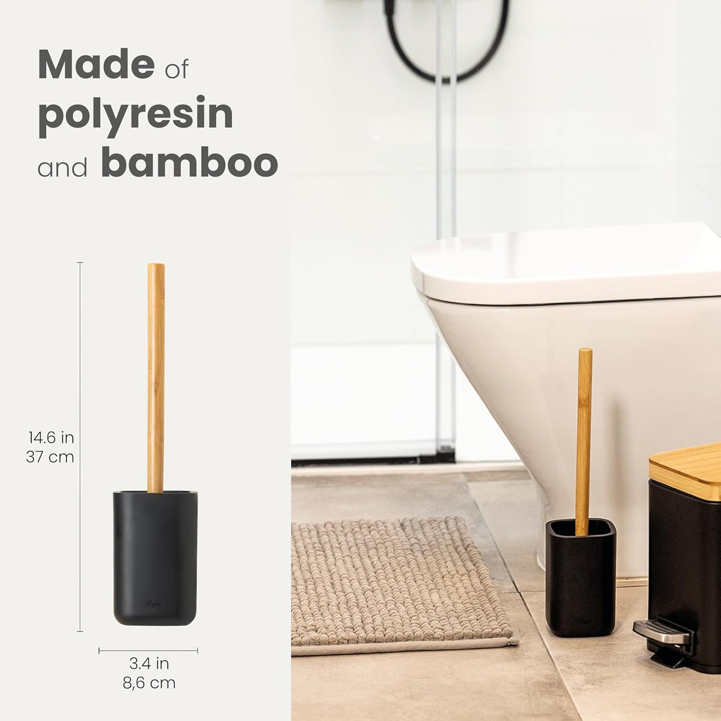 Vigar Zense Toilet Brush and Holder Set, Toilet Bowl Brush with Polyresin Stone Holder, Bathroom