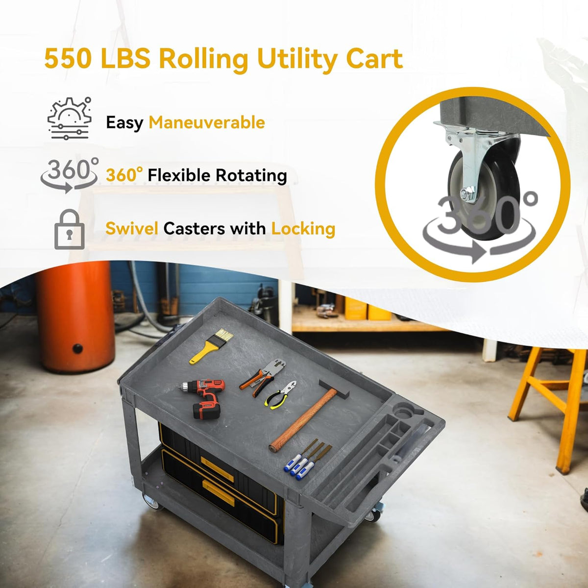 DWVO Service Utility Cart on Wheels, 45 X 25 in 550 LBS Heavy Duty Rolling Cart Plastic Work Cart
