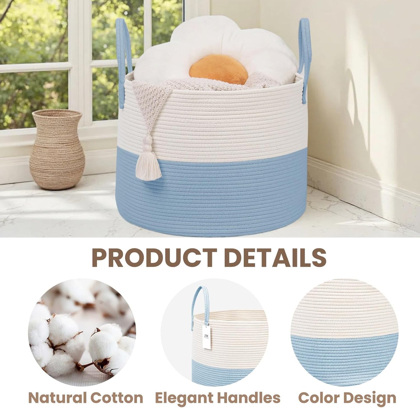Woven Blanket Basket,65L Large Rope Storage Bin with Handles, Organizer for Blankets Toys Book and