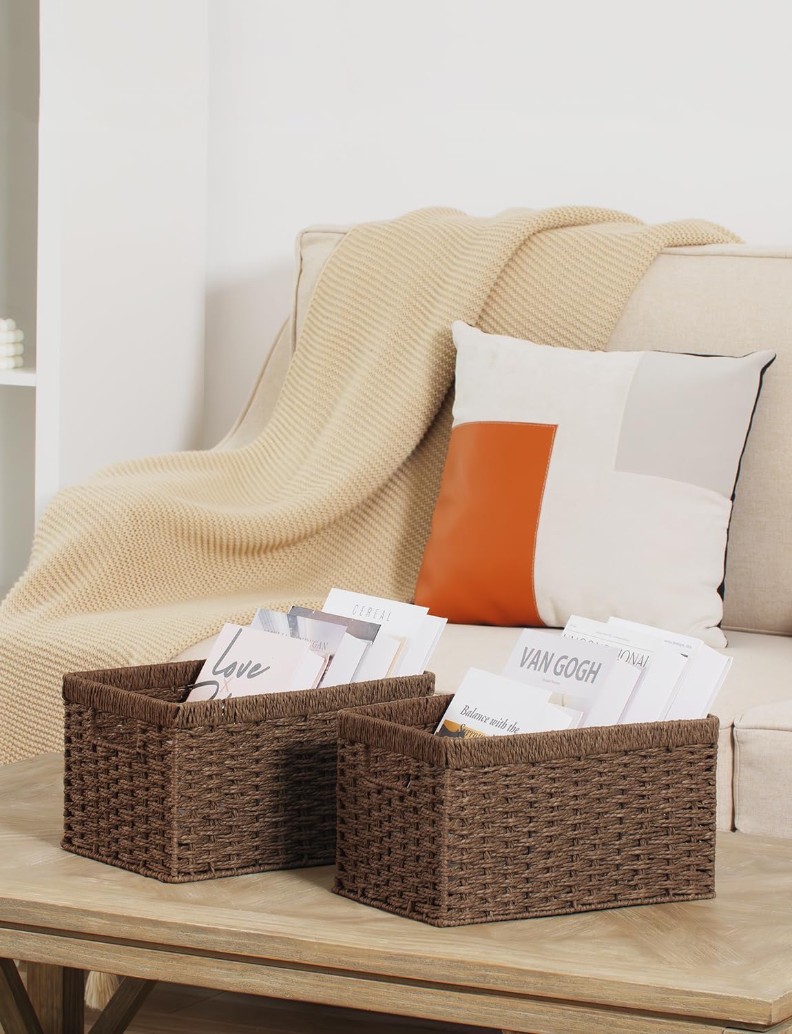 StorageWorks Round Paper Rope Storage Baskets, Rectangular Wicker Baskets with Built-in Handles