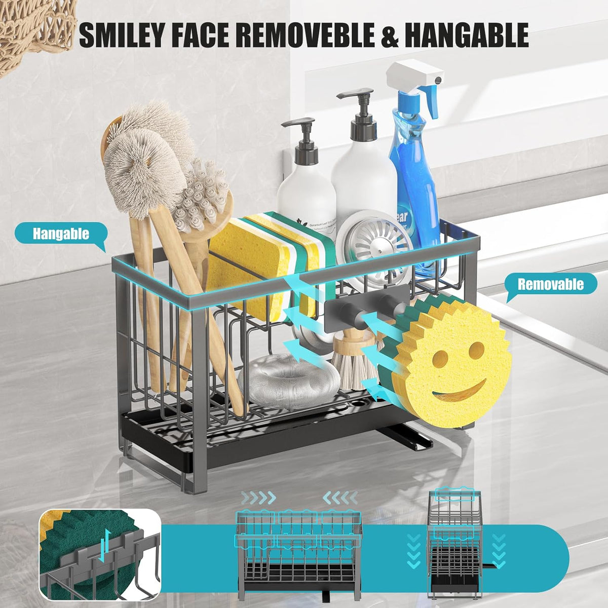 Sponge Holder for Kitchen Sink with Flexible Sink Caddy Smiley Face,2 Tier Kitchen Sponge Holder