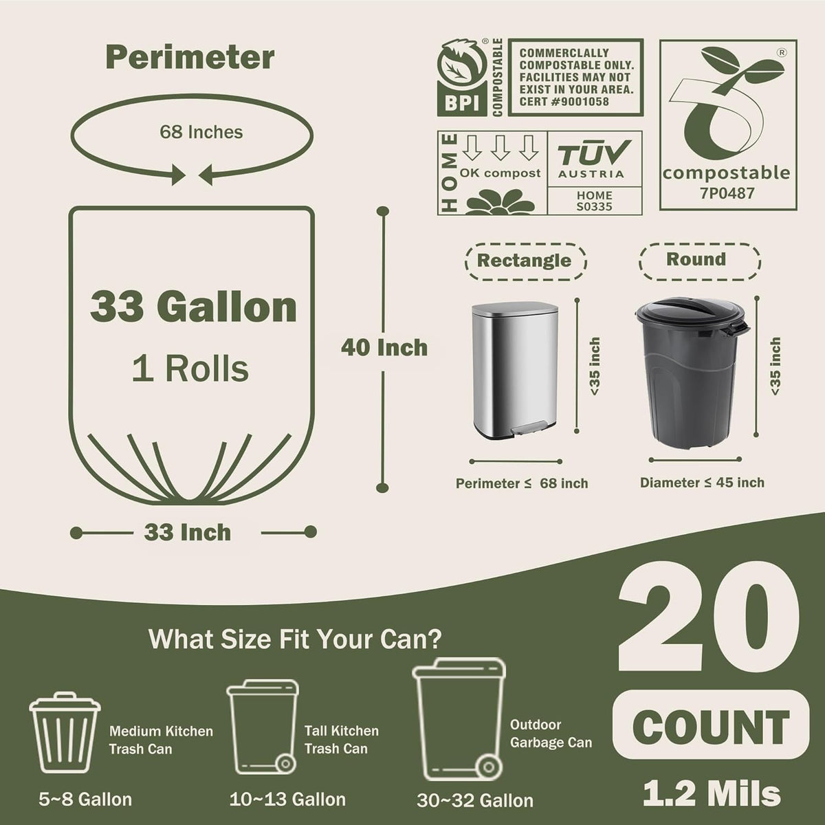 Compost Bags 33 Gallon 125 Liter Extra Thick 1.2 Mils Compostable Food Scrap Waste Bags with US BPI