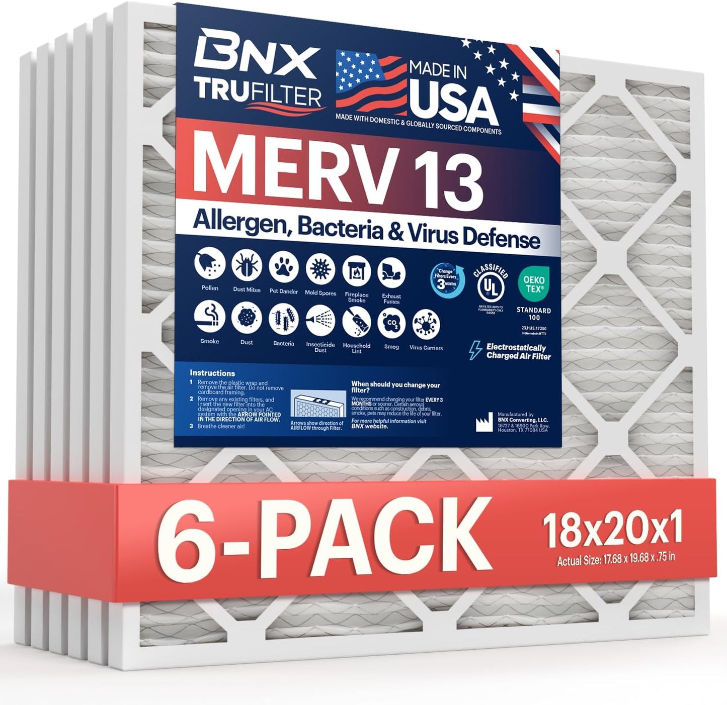 BNX TruFilter 18x20x1 Air Filter MERV 13 (6-Pack) - MADE IN USA - Electrostatic Pleated Air