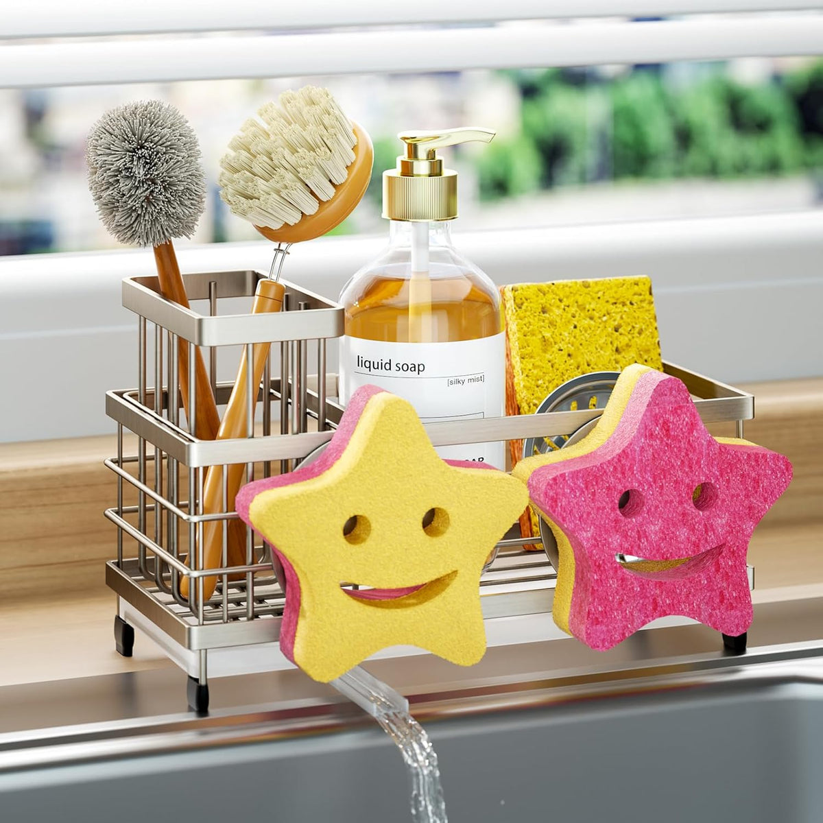 HapiRm Sink Caddy Sponge Holder - Self-draining Kitchen Sink Organizer with Smiley Face and Brush
