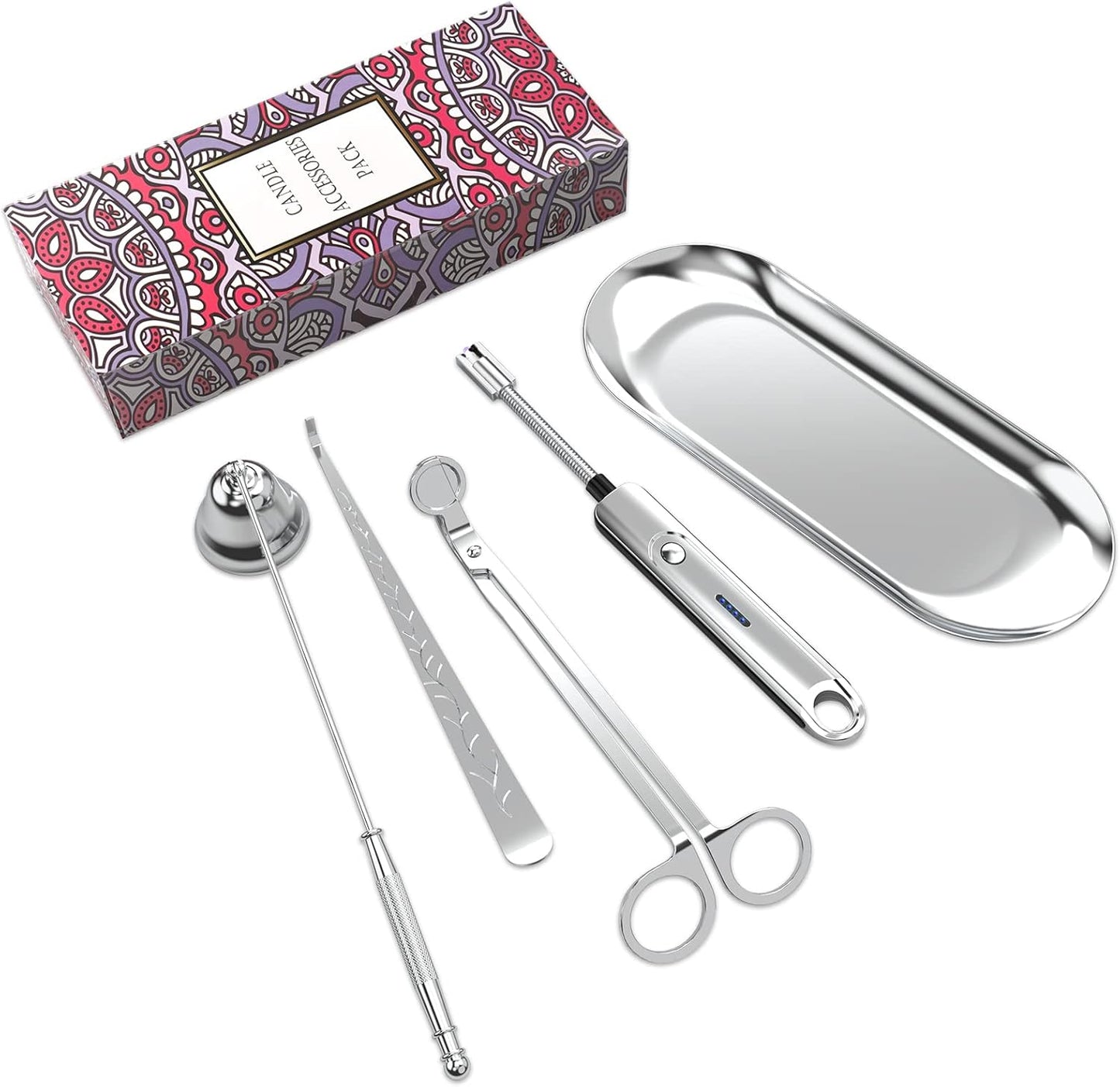 Lsnisni 5Pcs Candle Accessory Set With Rechargeable Electric Lighter, Storage Tray, Wick Trimmer