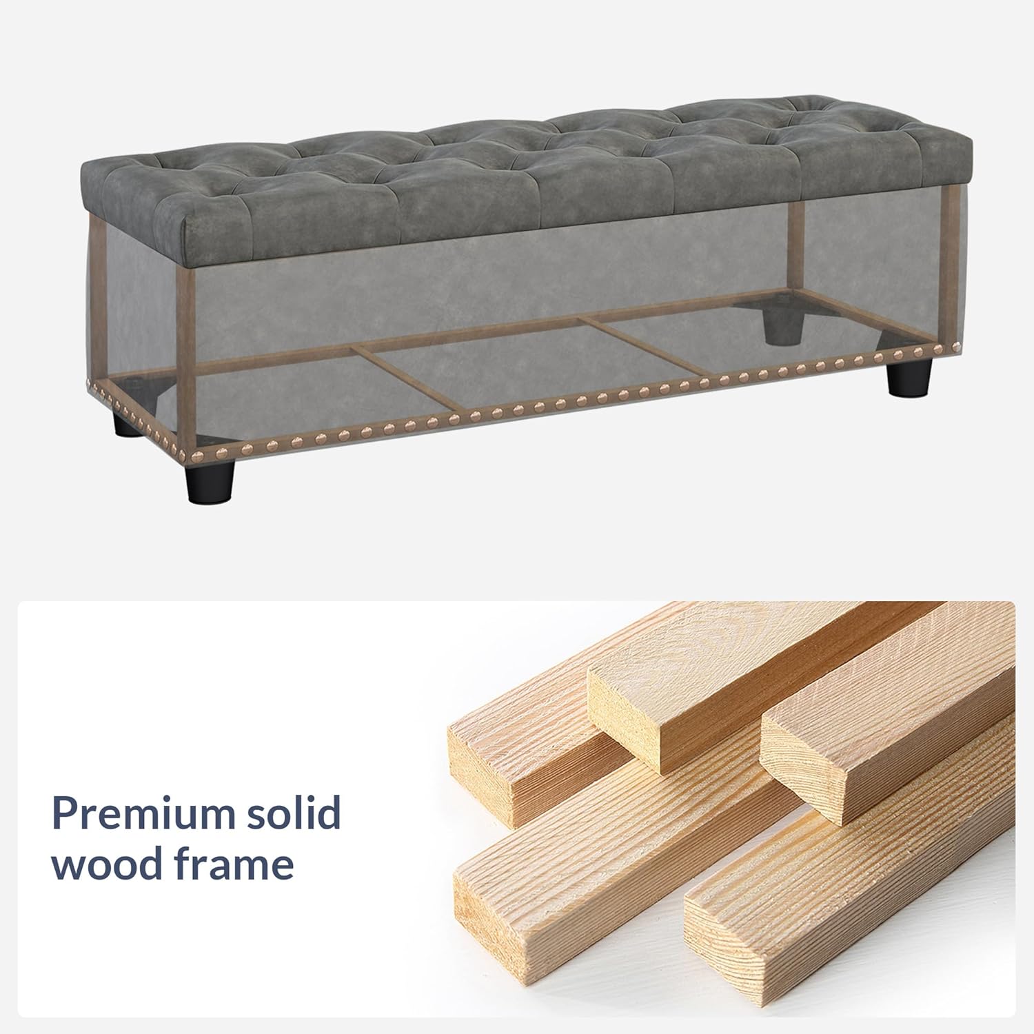 BELLEZE 47" Storage Ottoman, Storage Bench with Safety Close Hinge, Faux Leather Button-Tufted