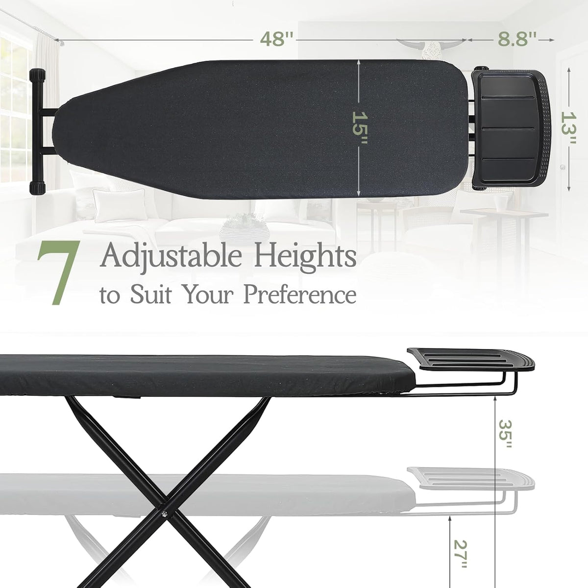 Ironing Board 48x15, Wide Heavy Duty Full Size Iron Board with Retractable Iron Rest, BlissBoard
